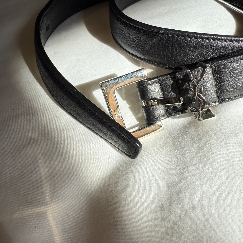 Yves Saint Laurent Black Leather Belt with Silver YSL Accent - Picture 6 of 7
